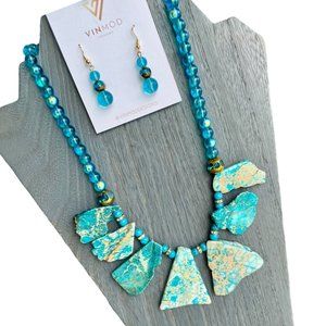 VINMOD Designs Blue & Cream Stone with Crystal Accents Necklace Set 21" - 22.5"